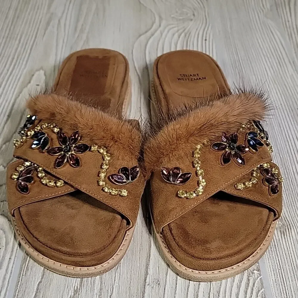 Stuart Weitzman Brown Nomedeplume Suede Mink Fur Jewel Sandal Womens 5.5 NEW